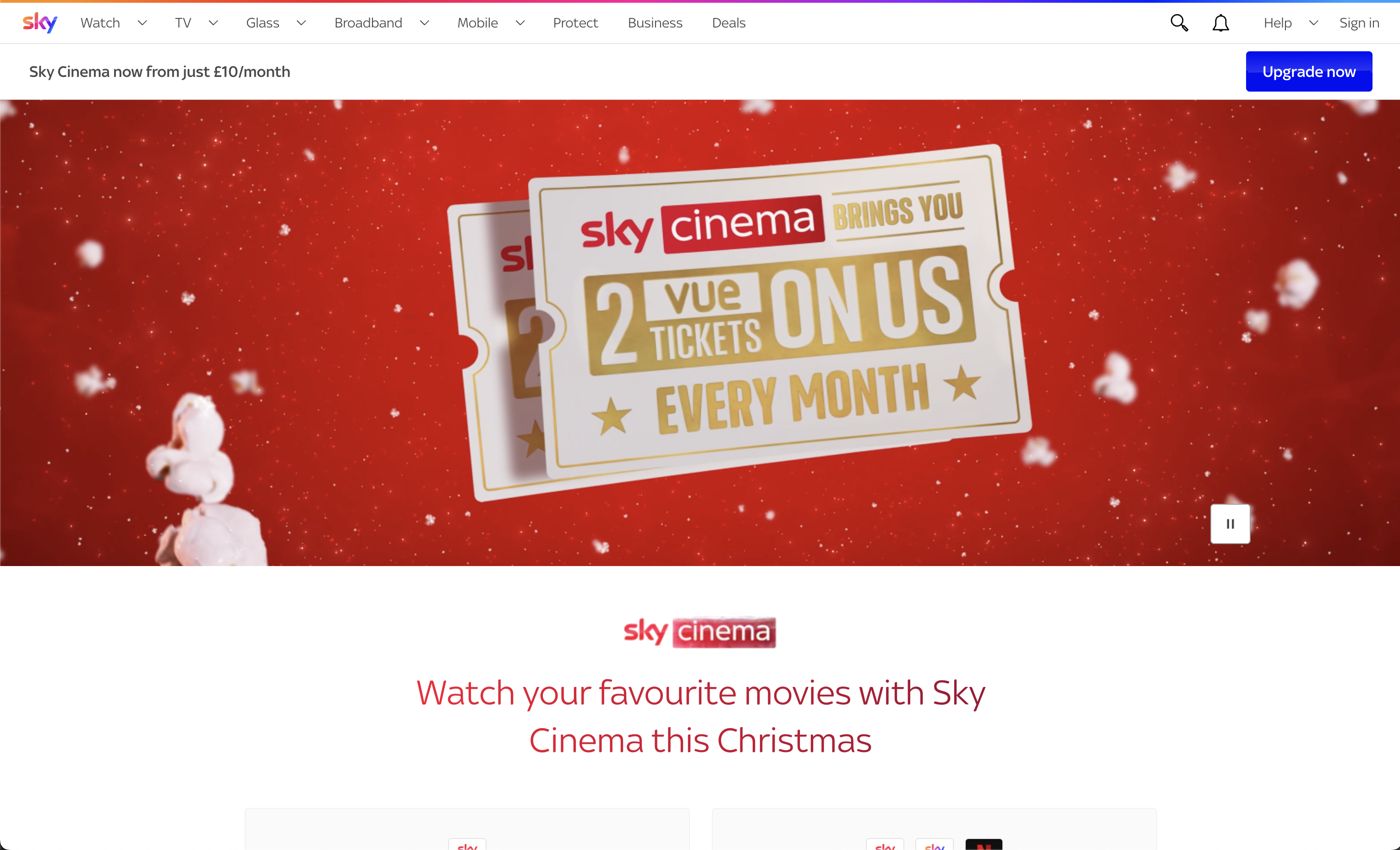 Sky Cinema page hero, Christmas campaign
