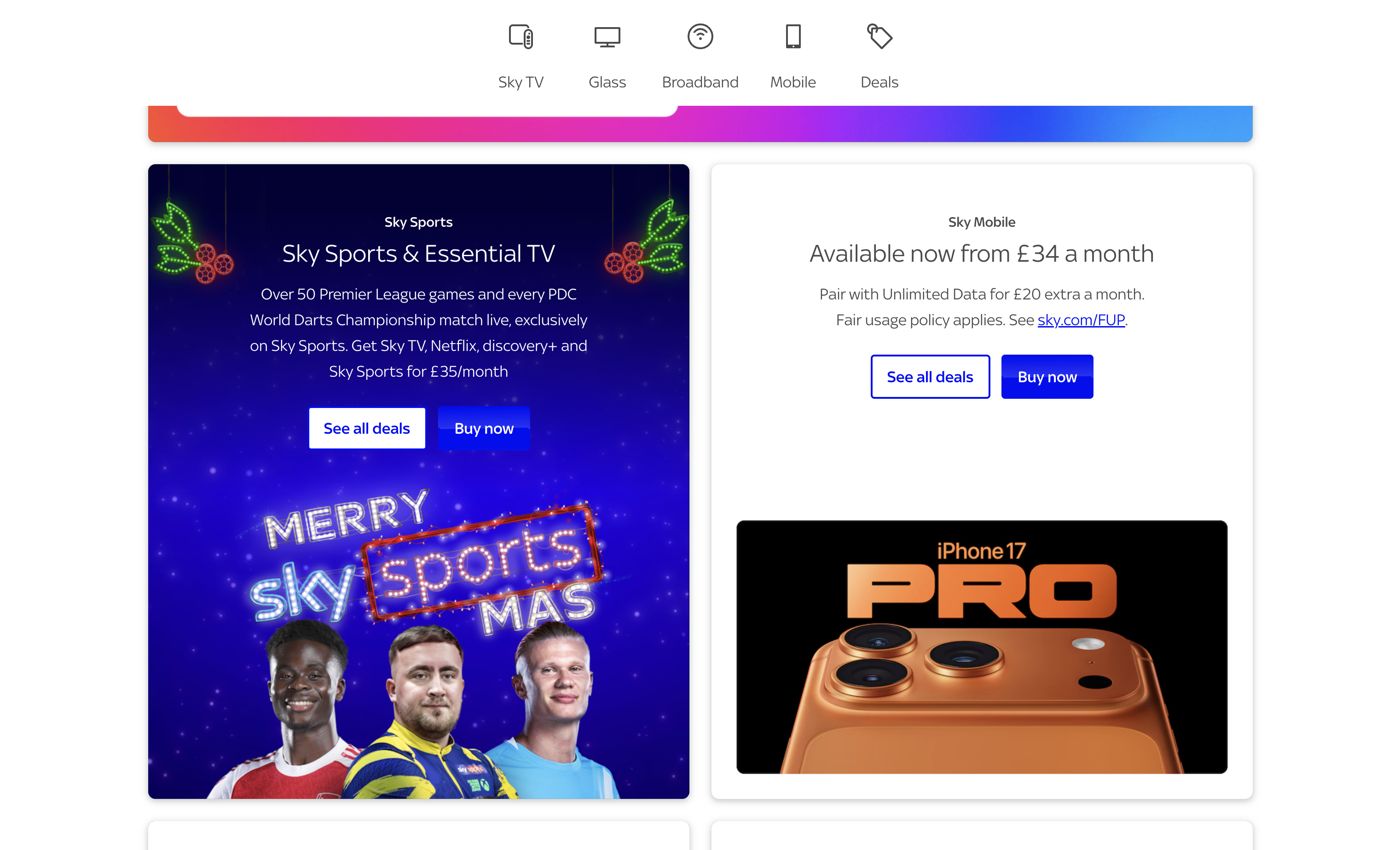 Home page spotlight with Sky Sports and Pro